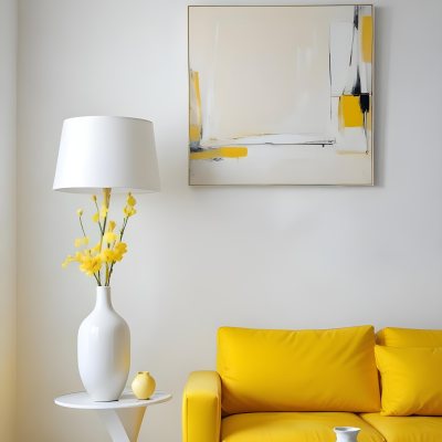 A White Sofa With A White Pillow A Yellow Vase And A Glass On A Table In Front Of A Yellow Wall 30 7480