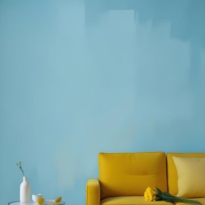 A White Sofa With A White Pillow A Yellow Vase And A Glass On A Table In Front Of A Yellow Wall 31 06f4