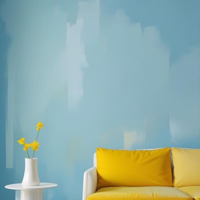 A White Sofa With A White Pillow A Yellow Vase And A Glass On A Table In Front Of A Yellow Wall 32 361a