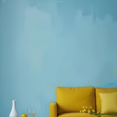 A White Sofa With A White Pillow A Yellow Vase And A Glass On A Table In Front Of A Yellow Wall 33 460b