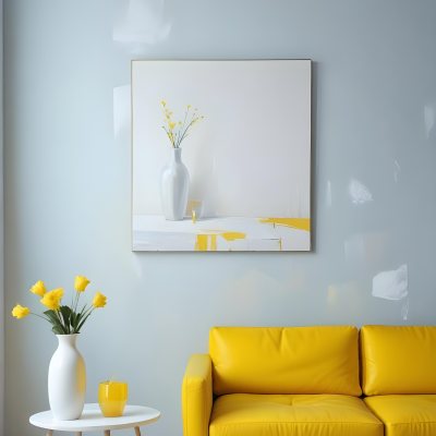 A White Sofa With A White Pillow A Yellow Vase And A Glass On A Table In Front Of A Yellow Wall 34 5bc7