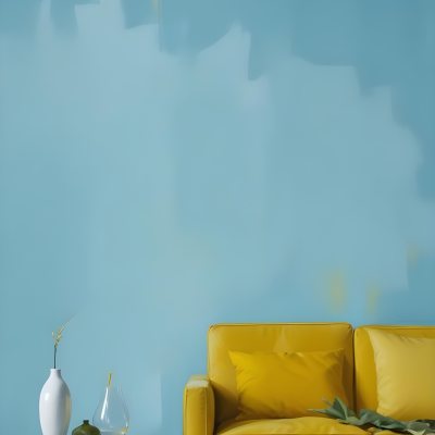 A White Sofa With A White Pillow A Yellow Vase And A Glass On A Table In Front Of A Yellow Wall 35 31f9
