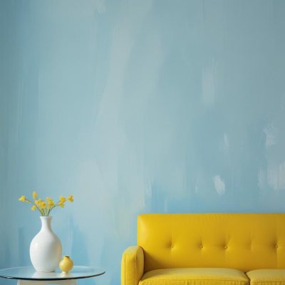 A White Sofa With A White Pillow A Yellow Vase And A Glass On A Table In Front Of A Yellow Wall 5 D7c6