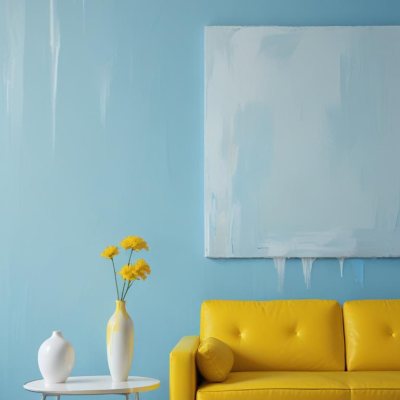 A White Sofa With A White Pillow A Yellow Vase And A Glass On A Table In Front Of A Yellow Wall 6 01c7
