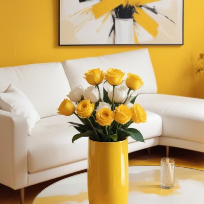 A White Sofa With A White Pillow A Yellow Vase And A Glass On A Table In Front Of A Yellow Wall 7 Fb5c