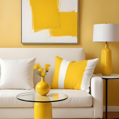 A White Sofa With A White Pillow A Yellow Vase And A Glass On A Table In Front Of A Yellow Wall 9 D0f3