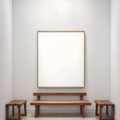 Digital Painting A Minimalist Art Gallery Featuring A Large Blank White Canvas On The Wall Flanked By Two Smaller Empty Frames A Simple Wooden Bench Is Positioned In Front Of The Large Canvas With A Clean Bright Int 10 888c