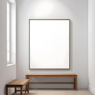 Digital Painting A Minimalist Art Gallery Featuring A Large Blank White Canvas On The Wall Flanked By Two Smaller Empty Frames A Simple Wooden Bench Is Positioned In Front Of The Large Canvas With A Clean Bright Int 11 5567