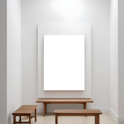 Digital Painting A Minimalist Art Gallery Featuring A Large Blank White Canvas On The Wall Flanked By Two Smaller Empty Frames A Simple Wooden Bench Is Positioned In Front Of The Large Canvas With A Clean Bright Int 12 A572
