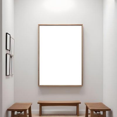 Digital Painting A Minimalist Art Gallery Featuring A Large Blank White Canvas On The Wall Flanked By Two Smaller Empty Frames A Simple Wooden Bench Is Positioned In Front Of The Large Canvas With A Clean Bright Int 13 B2f9