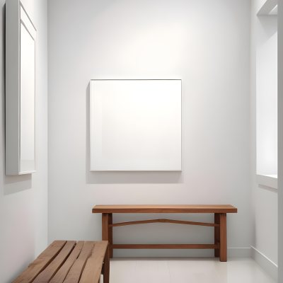 Digital Painting A Minimalist Art Gallery Featuring A Large Blank White Canvas On The Wall Flanked By Two Smaller Empty Frames A Simple Wooden Bench Is Positioned In Front Of The Large Canvas With A Clean Bright Int 14 Af9d