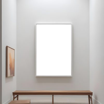 Digital Painting A Minimalist Art Gallery Featuring A Large Blank White Canvas On The Wall Flanked By Two Smaller Empty Frames A Simple Wooden Bench Is Positioned In Front Of The Large Canvas With A Clean Bright Int 15 051f