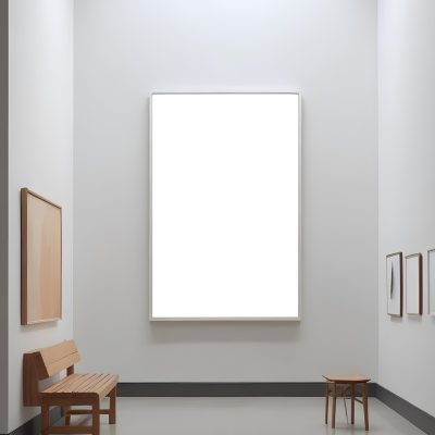 Digital Painting A Minimalist Art Gallery Featuring A Large Blank White Canvas On The Wall Flanked By Two Smaller Empty Frames A Simple Wooden Bench Is Positioned In Front Of The Large Canvas With A Clean Bright Int 17 123f