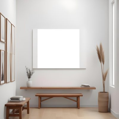 Digital Painting A Minimalist Art Gallery Featuring A Large Blank White Canvas On The Wall Flanked By Two Smaller Empty Frames A Simple Wooden Bench Is Positioned In Front Of The Large Canvas With A Clean Bright Int 18 4757