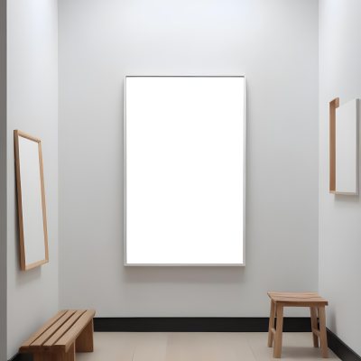 Digital Painting A Minimalist Art Gallery Featuring A Large Blank White Canvas On The Wall Flanked By Two Smaller Empty Frames A Simple Wooden Bench Is Positioned In Front Of The Large Canvas With A Clean Bright Int 19 D490