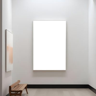 Digital Painting A Minimalist Art Gallery Featuring A Large Blank White Canvas On The Wall Flanked By Two Smaller Empty Frames A Simple Wooden Bench Is Positioned In Front Of The Large Canvas With A Clean Bright Int 20 Ffd3
