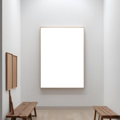 Digital Painting A Minimalist Art Gallery Featuring A Large Blank White Canvas On The Wall Flanked By Two Smaller Empty Frames A Simple Wooden Bench Is Positioned In Front Of The Large Canvas With A Clean Bright Int 21 61dd