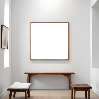 Digital Painting A Minimalist Art Gallery Featuring A Large Blank White Canvas On The Wall Flanked By Two Smaller Empty Frames A Simple Wooden Bench Is Positioned In Front Of The Large Canvas With A Clean Bright Int 22 79ff