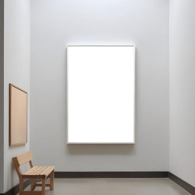 Digital Painting A Minimalist Art Gallery Featuring A Large Blank White Canvas On The Wall Flanked By Two Smaller Empty Frames A Simple Wooden Bench Is Positioned In Front Of The Large Canvas With A Clean Bright Int 23 7db0