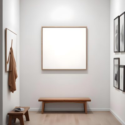 Digital Painting A Minimalist Art Gallery Featuring A Large Blank White Canvas On The Wall Flanked By Two Smaller Empty Frames A Simple Wooden Bench Is Positioned In Front Of The Large Canvas With A Clean Bright Int 3 333d
