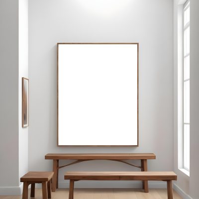 Digital Painting A Minimalist Art Gallery Featuring A Large Blank White Canvas On The Wall Flanked By Two Smaller Empty Frames A Simple Wooden Bench Is Positioned In Front Of The Large Canvas With A Clean Bright Int 4 F8df