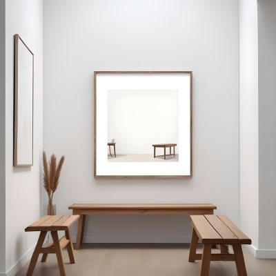 Digital Painting A Minimalist Art Gallery Featuring A Large Blank White Canvas On The Wall Flanked By Two Smaller Empty Frames A Simple Wooden Bench Is Positioned In Front Of The Large Canvas With A Clean Bright Int 5 Fa8a