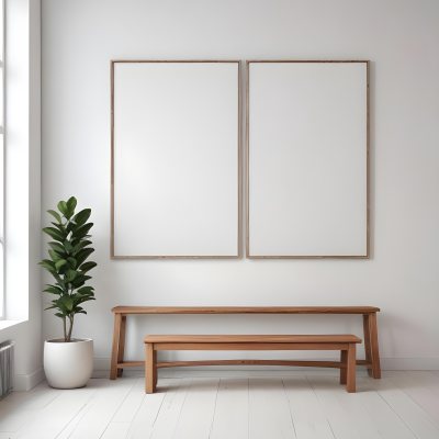 Digital Painting A Minimalist Art Gallery Featuring A Large Blank White Canvas On The Wall Flanked By Two Smaller Empty Frames A Simple Wooden Bench Is Positioned In Front Of The Large Canvas With A Clean Bright Int 6 4b0d