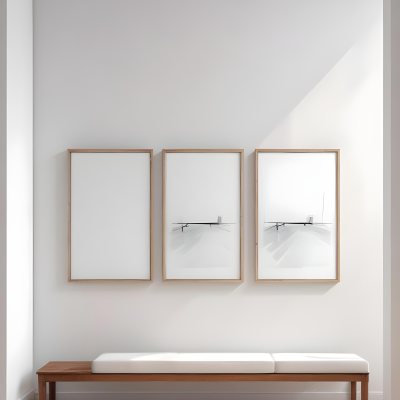Digital Painting A Minimalist Art Gallery Featuring A Large Blank White Canvas On The Wall Flanked By Two Smaller Empty Frames A Simple Wooden Bench Is Positioned In Front Of The Large Canvas With A Clean Bright Int 7 7b5b