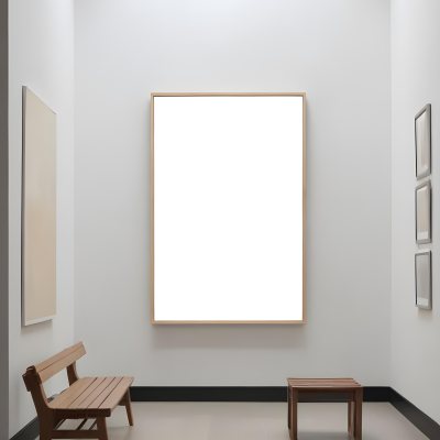 Digital Painting A Minimalist Art Gallery Featuring A Large Blank White Canvas On The Wall Flanked By Two Smaller Empty Frames A Simple Wooden Bench Is Positioned In Front Of The Large Canvas With A Clean Bright Int 8 80e1