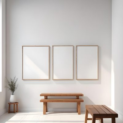 Digital Painting A Minimalist Art Gallery Featuring A Large Blank White Canvas On The Wall Flanked By Two Smaller Empty Frames A Simple Wooden Bench Is Positioned In Front Of The Large Canvas With A Clean Bright Int 9 31bb