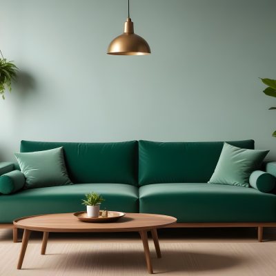 Green Velvet Sofa With Wooden Coffee Table Hanging Light Fixture And Potted Plant In A Modern Living Room Interior 10 Bdb4