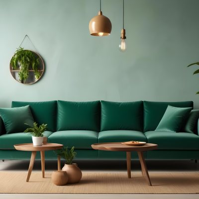Green Velvet Sofa With Wooden Coffee Table Hanging Light Fixture And Potted Plant In A Modern Living Room Interior 11 9e9d