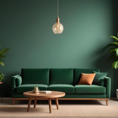 Green Velvet Sofa With Wooden Coffee Table Hanging Light Fixture And Potted Plant In A Modern Living Room Interior 16 2679