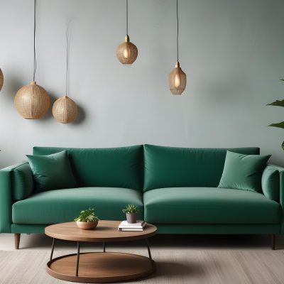 Green Velvet Sofa With Wooden Coffee Table Hanging Light Fixture And Potted Plant In A Modern Living Room Interior 19 6ae9