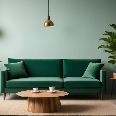 Green Velvet Sofa With Wooden Coffee Table Hanging Light Fixture And Potted Plant In A Modern Living Room Interior 2 Babc