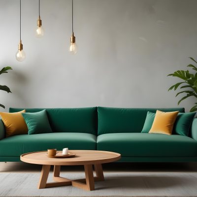 Green Velvet Sofa With Wooden Coffee Table Hanging Light Fixture And Potted Plant In A Modern Living Room Interior 21 02b0