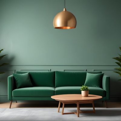 Green Velvet Sofa With Wooden Coffee Table Hanging Light Fixture And Potted Plant In A Modern Living Room Interior 23 Eda9