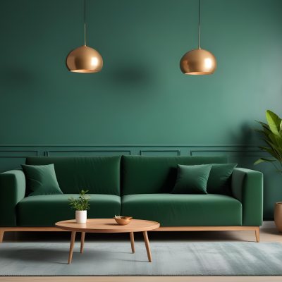 Green Velvet Sofa With Wooden Coffee Table Hanging Light Fixture And Potted Plant In A Modern Living Room Interior 25 25f1