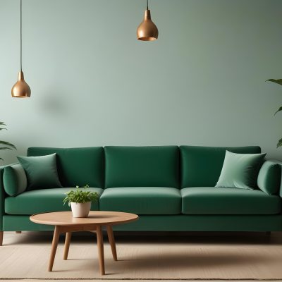 Green Velvet Sofa With Wooden Coffee Table Hanging Light Fixture And Potted Plant In A Modern Living Room Interior 26 7859
