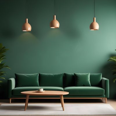 Green Velvet Sofa With Wooden Coffee Table Hanging Light Fixture And Potted Plant In A Modern Living Room Interior 28 F6de