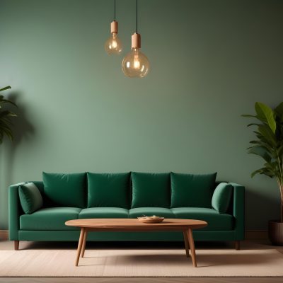 Green Velvet Sofa With Wooden Coffee Table Hanging Light Fixture And Potted Plant In A Modern Living Room Interior 3 6eaa