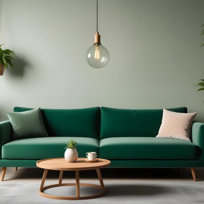 Green Velvet Sofa With Wooden Coffee Table Hanging Light Fixture And Potted Plant In A Modern Living Room Interior 31 D3c0