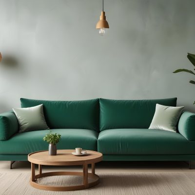 Green Velvet Sofa With Wooden Coffee Table Hanging Light Fixture And Potted Plant In A Modern Living Room Interior 32 6514