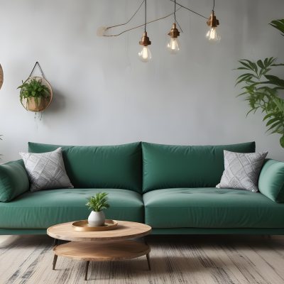 Green Velvet Sofa With Wooden Coffee Table Hanging Light Fixture And Potted Plant In A Modern Living Room Interior 33 626b