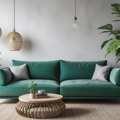 Green Velvet Sofa With Wooden Coffee Table Hanging Light Fixture And Potted Plant In A Modern Living Room Interior 35 6933
