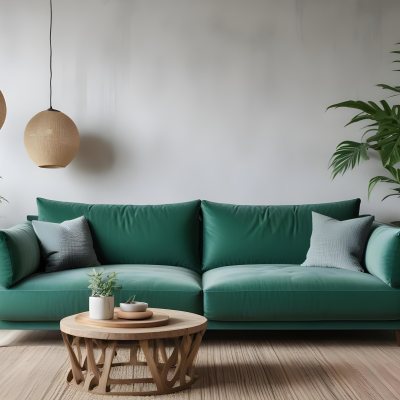 Green Velvet Sofa With Wooden Coffee Table Hanging Light Fixture And Potted Plant In A Modern Living Room Interior 38 4dc4