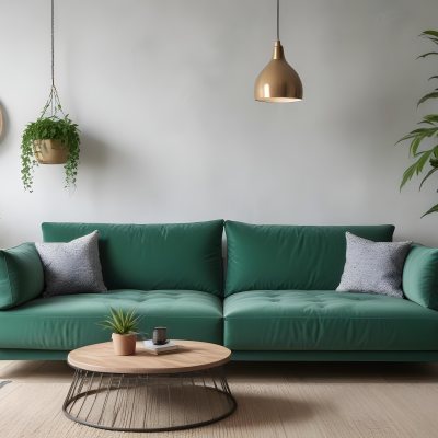 Green Velvet Sofa With Wooden Coffee Table Hanging Light Fixture And Potted Plant In A Modern Living Room Interior 39 01d3