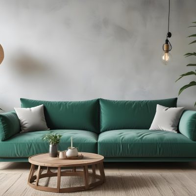 Green Velvet Sofa With Wooden Coffee Table Hanging Light Fixture And Potted Plant In A Modern Living Room Interior 40 2fb7