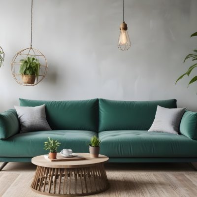 Green Velvet Sofa With Wooden Coffee Table Hanging Light Fixture And Potted Plant In A Modern Living Room Interior 43 C4a3