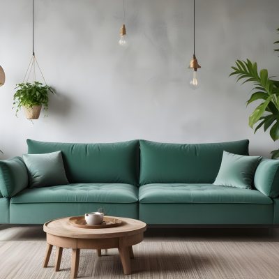 Green Velvet Sofa With Wooden Coffee Table Hanging Light Fixture And Potted Plant In A Modern Living Room Interior 45 B39d